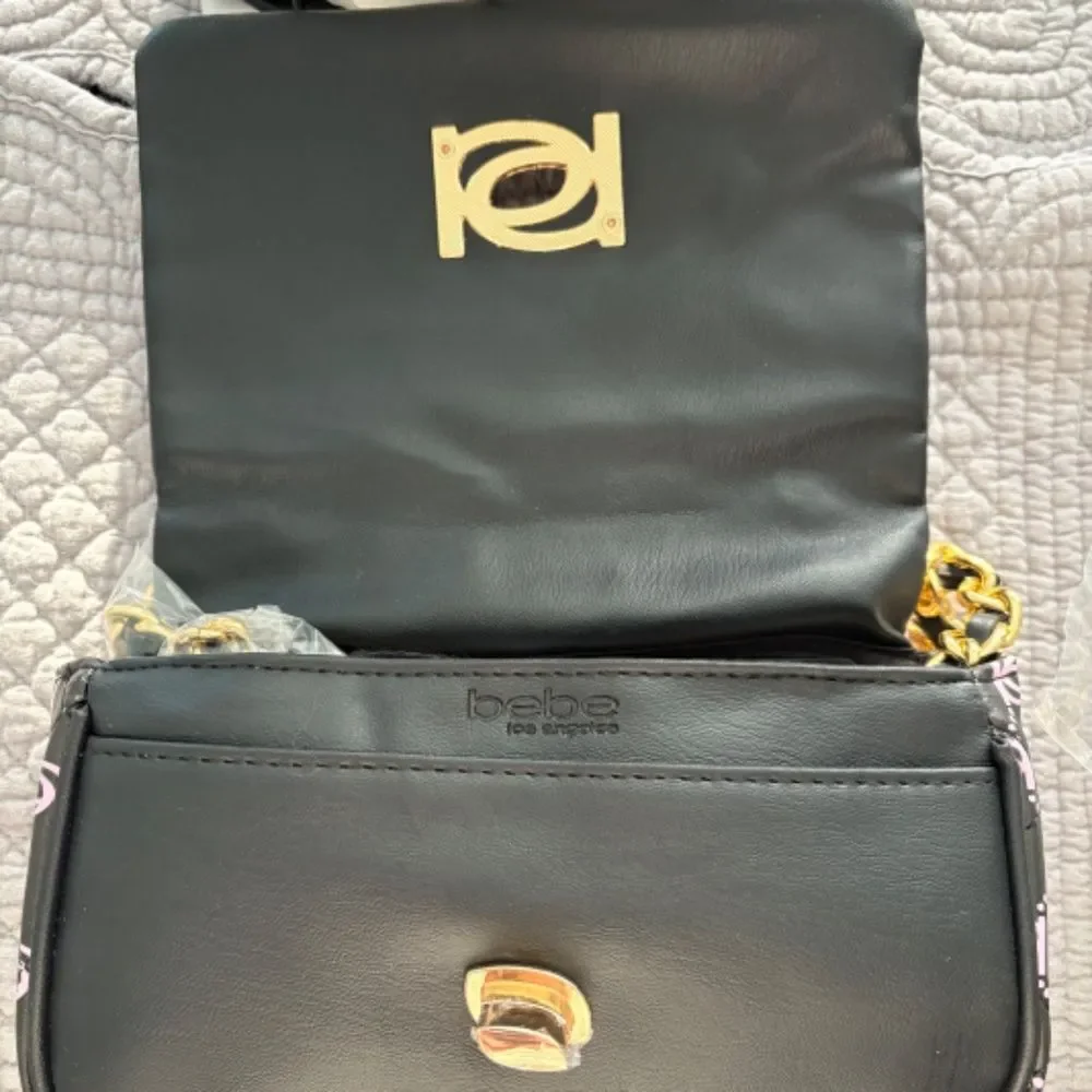 Bebe Liv Logo Monogram Crossbody Black Light Pink Gold Chain NWT